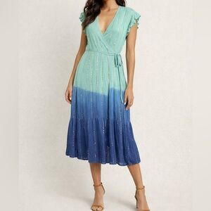 Zury Chic Gradient Ombre Blue Wrap Midi Dress Free Size
